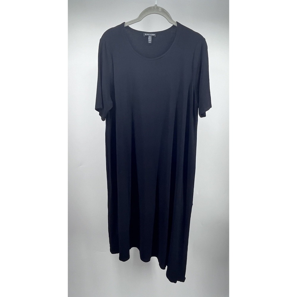 Eileen Fisher Black Asymmetrical‎ Midi Dress Jersey Knit Women's Medium